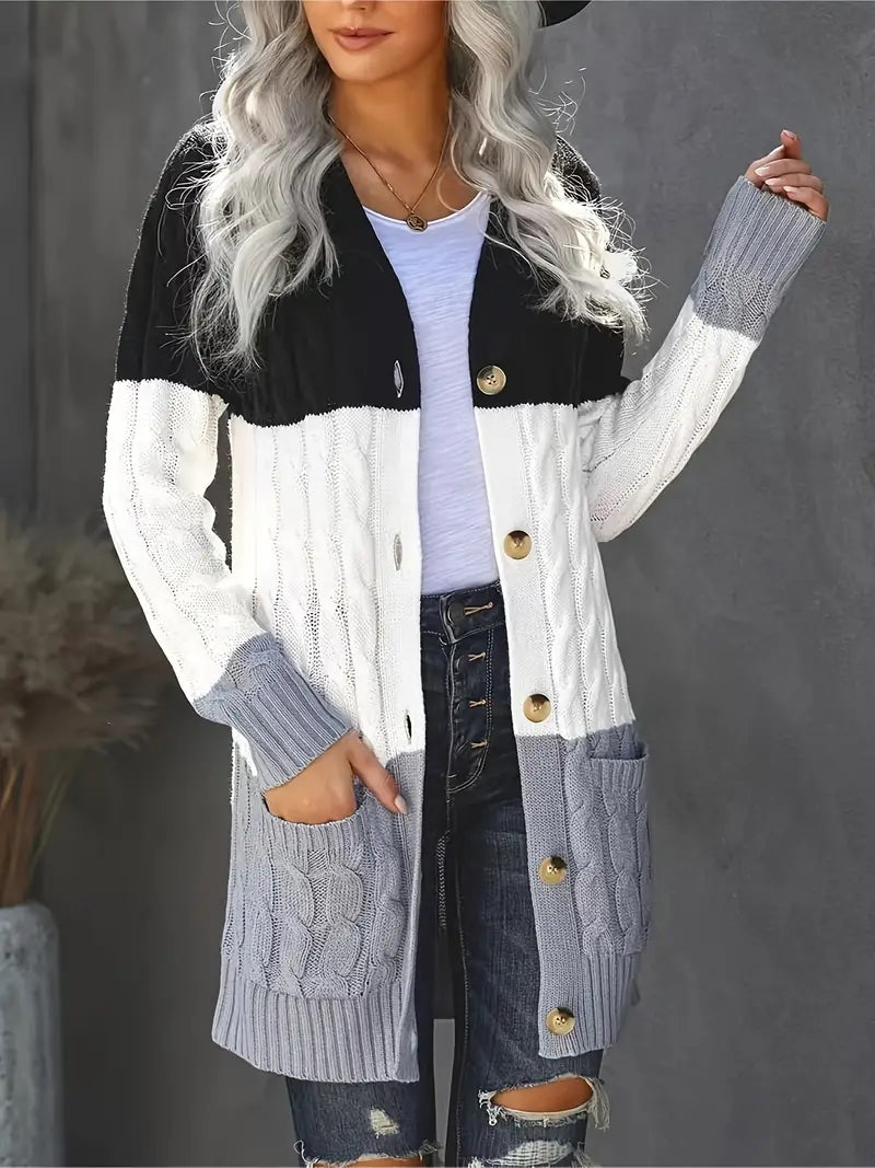 Black Stripe Flap Pocket Buttoned Cardigan Sweater