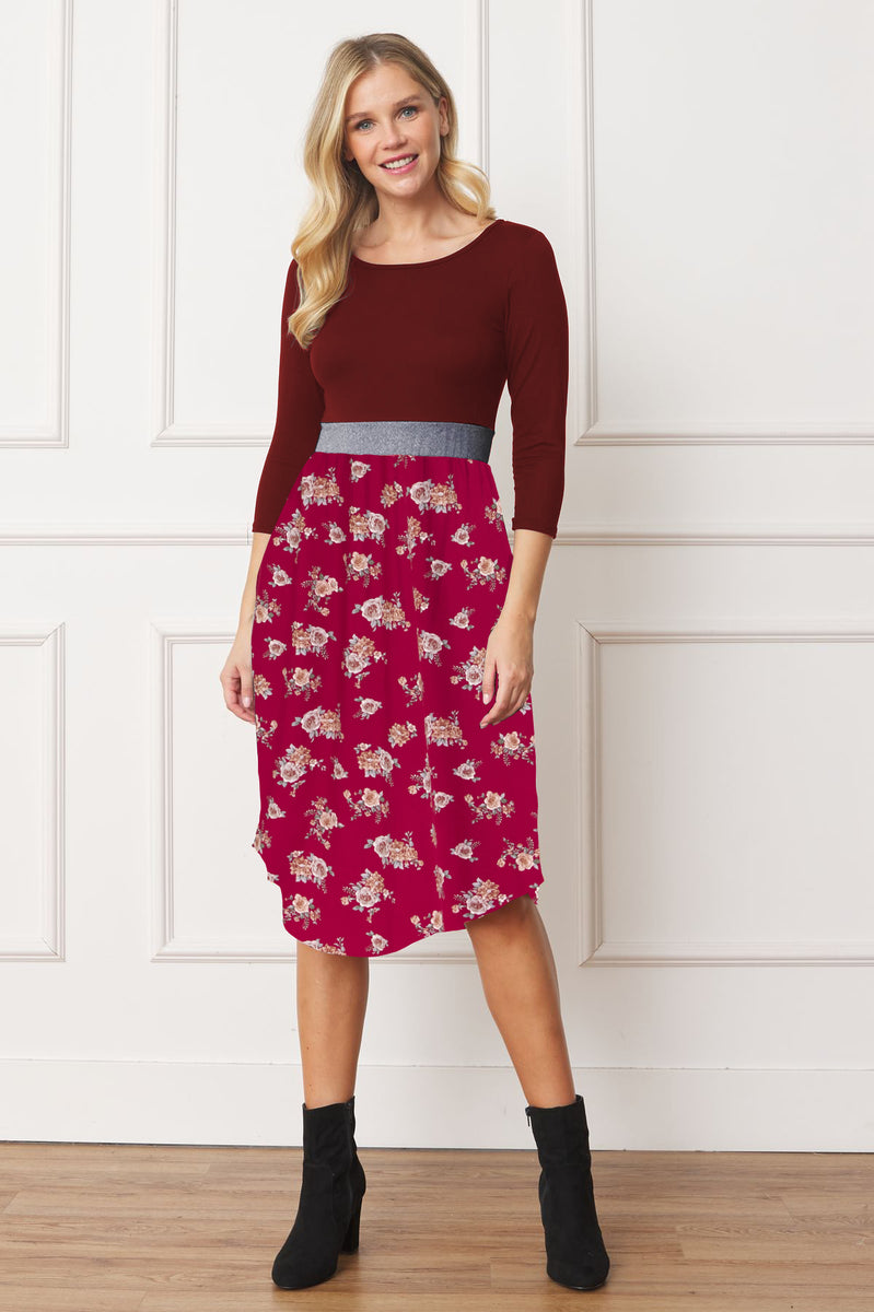 3/4 Sleeve Black Floral Midi Dress - Olive Band, Curved Hem, Polyester-Spandex Blend, Side Pockets - View #2