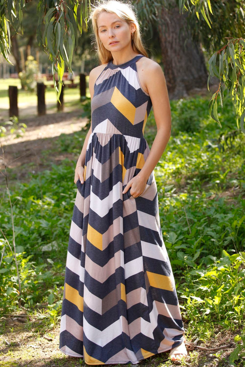 Navy & Mustard Chevron Halter Maxi Dress Small Navy & Mustard Chevron Halter Maxi Dress Small
