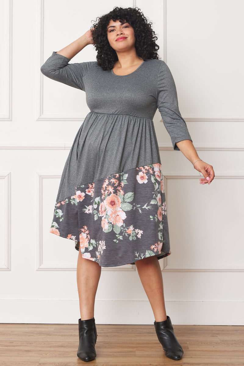 3/4 Sleeve Black Floral Midi Dress - Olive Band, Curved Hem, Polyester-Spandex Blend, Side Pockets - View #3