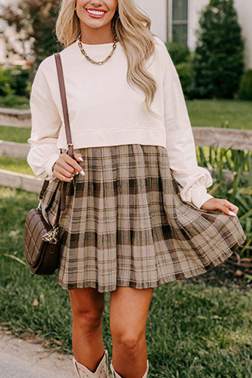 Beige Plaid Patchwork High Waist Sweatshirt Mini Dress Beige Plaid Patchwork High Waist Sweatshirt Mini Dress