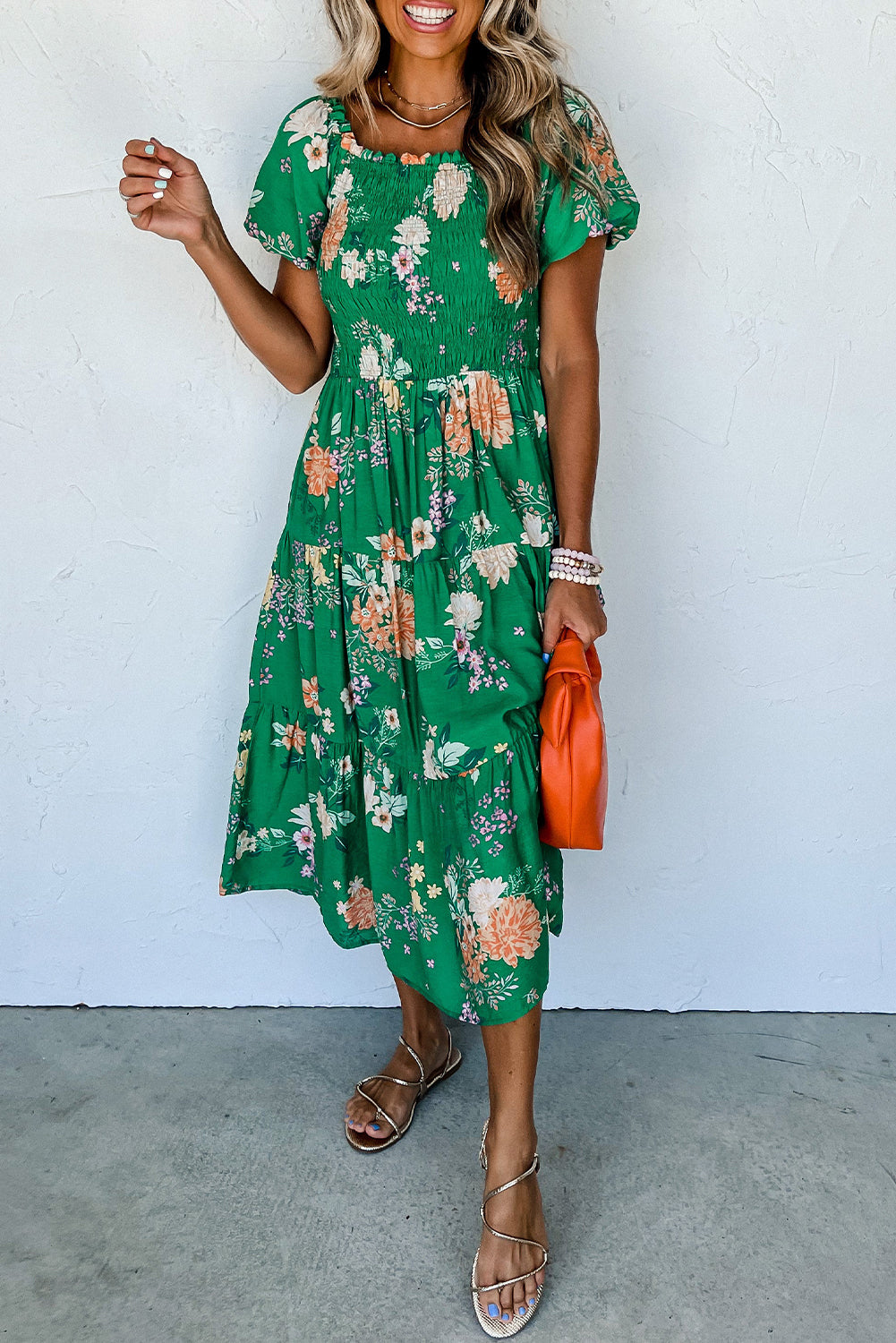 Green Floral Print Bubble Sleeve Smocked Tiered Midi Dress loges Green Floral Print Bubble Sleeve Smocked Tiered Midi Dress loges