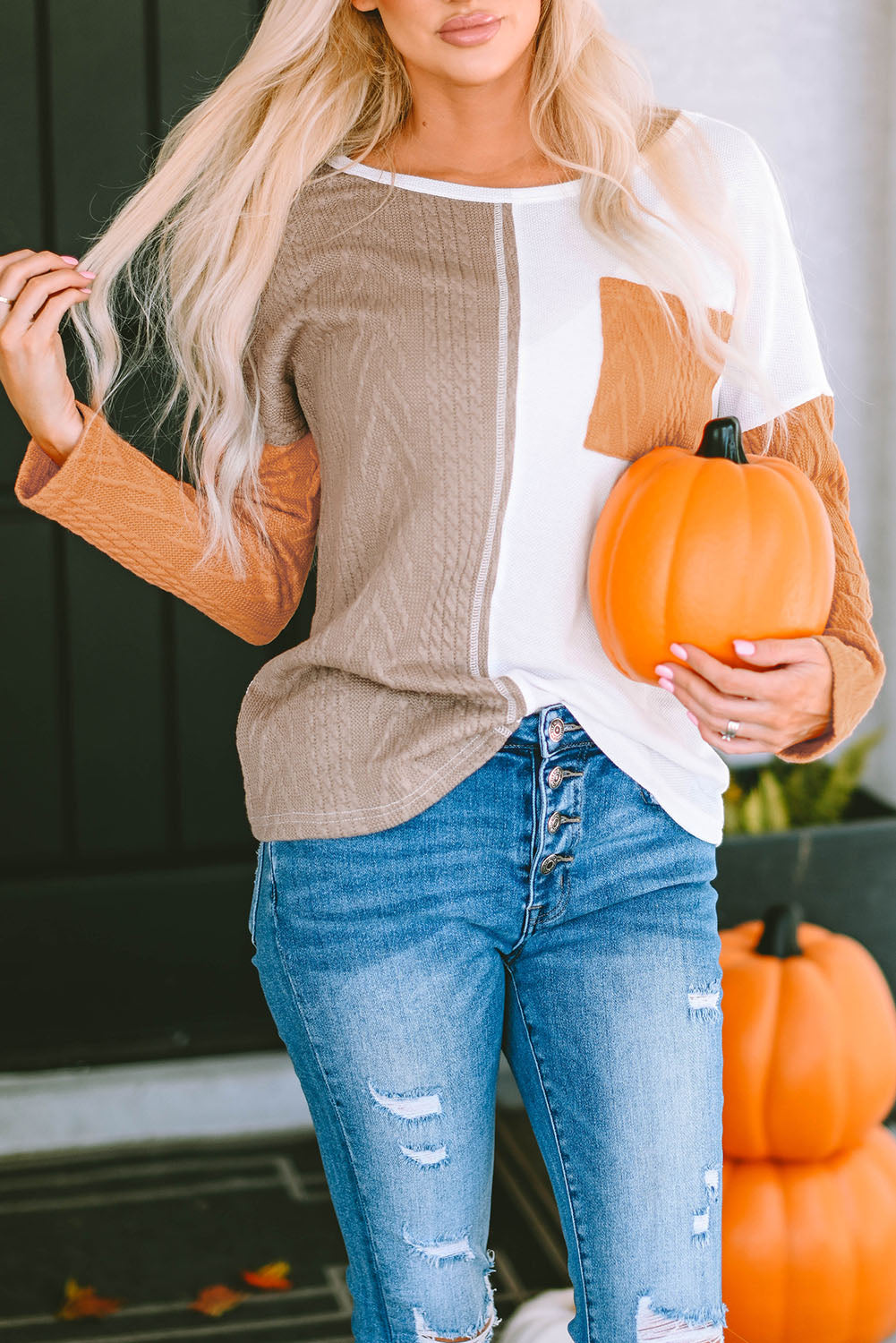 Long Sleeve Colorblock Chest Pocket Textured Knit Top – éloges