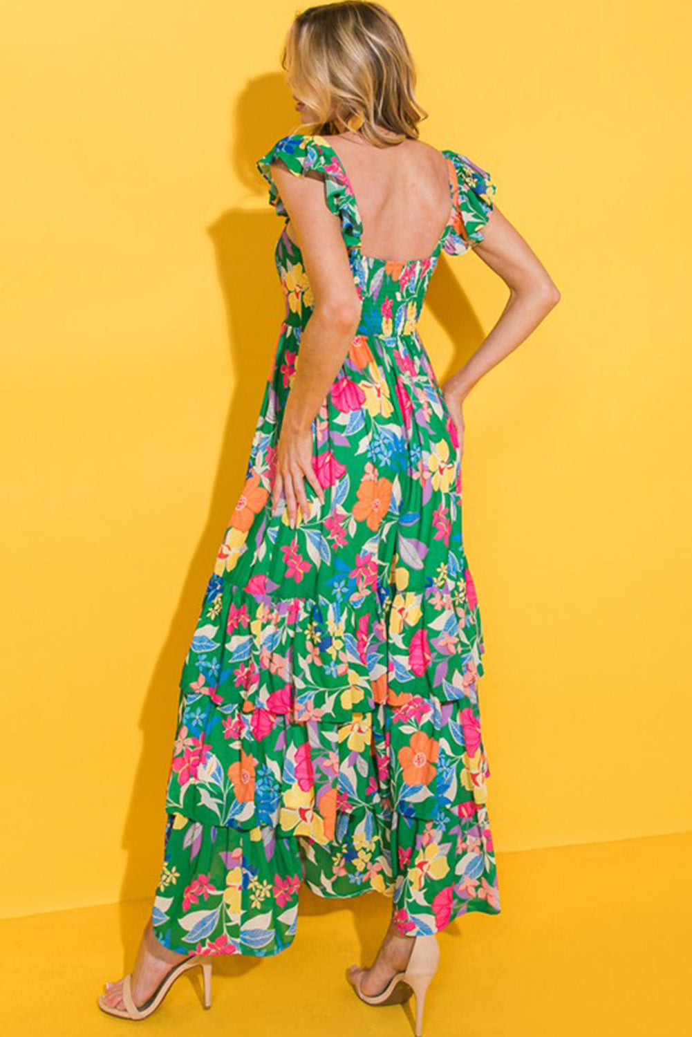 Green Boho Floral Print Ruffle Sleeveless Tiered Maxi Dress Green / S Green Boho Floral Print Ruffle Sleeveless Tiered Maxi Dress Green / S