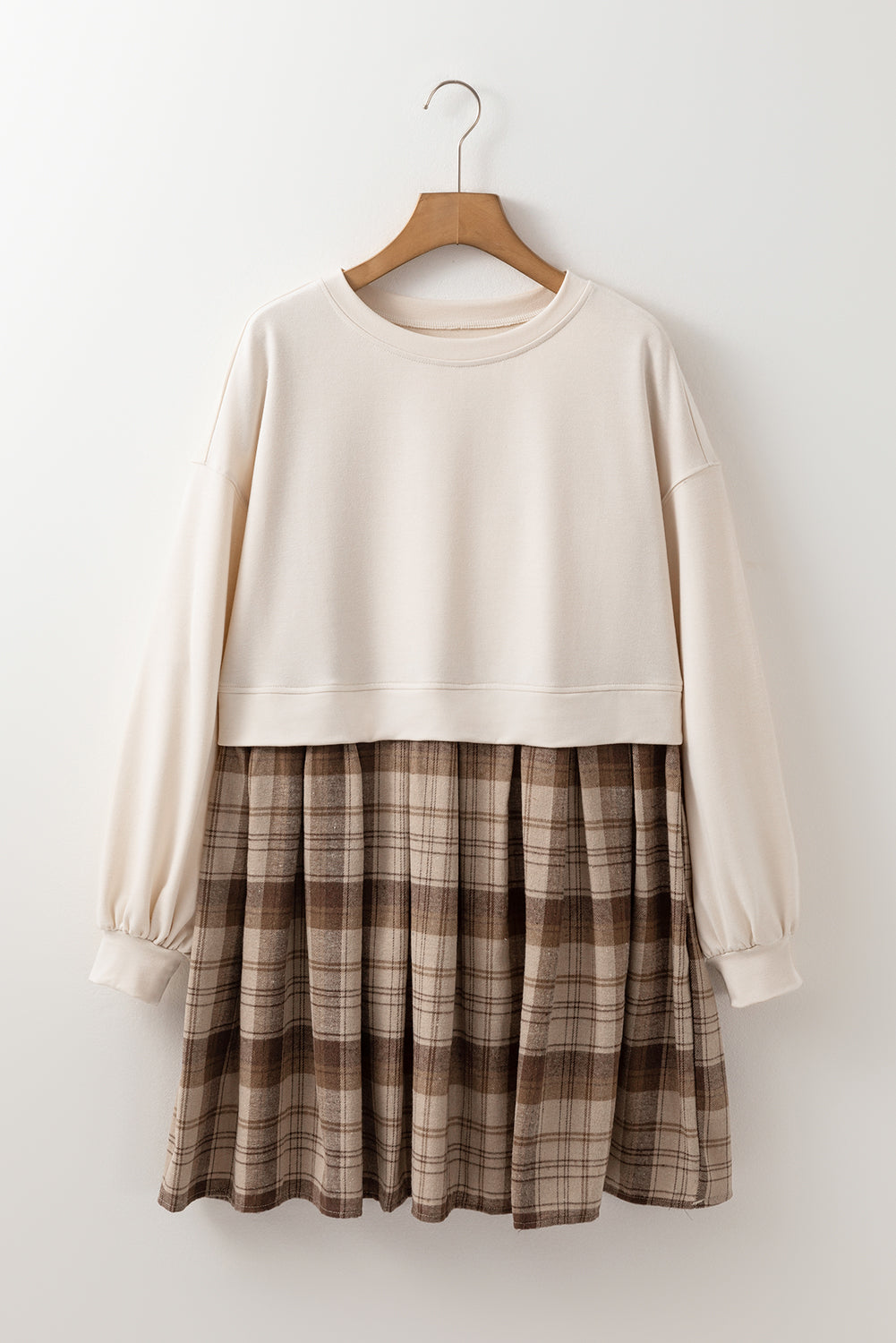 Beige Plaid Patchwork High Waist Sweatshirt Mini Dress loges Beige Plaid Patchwork High Waist Sweatshirt Mini Dress loges