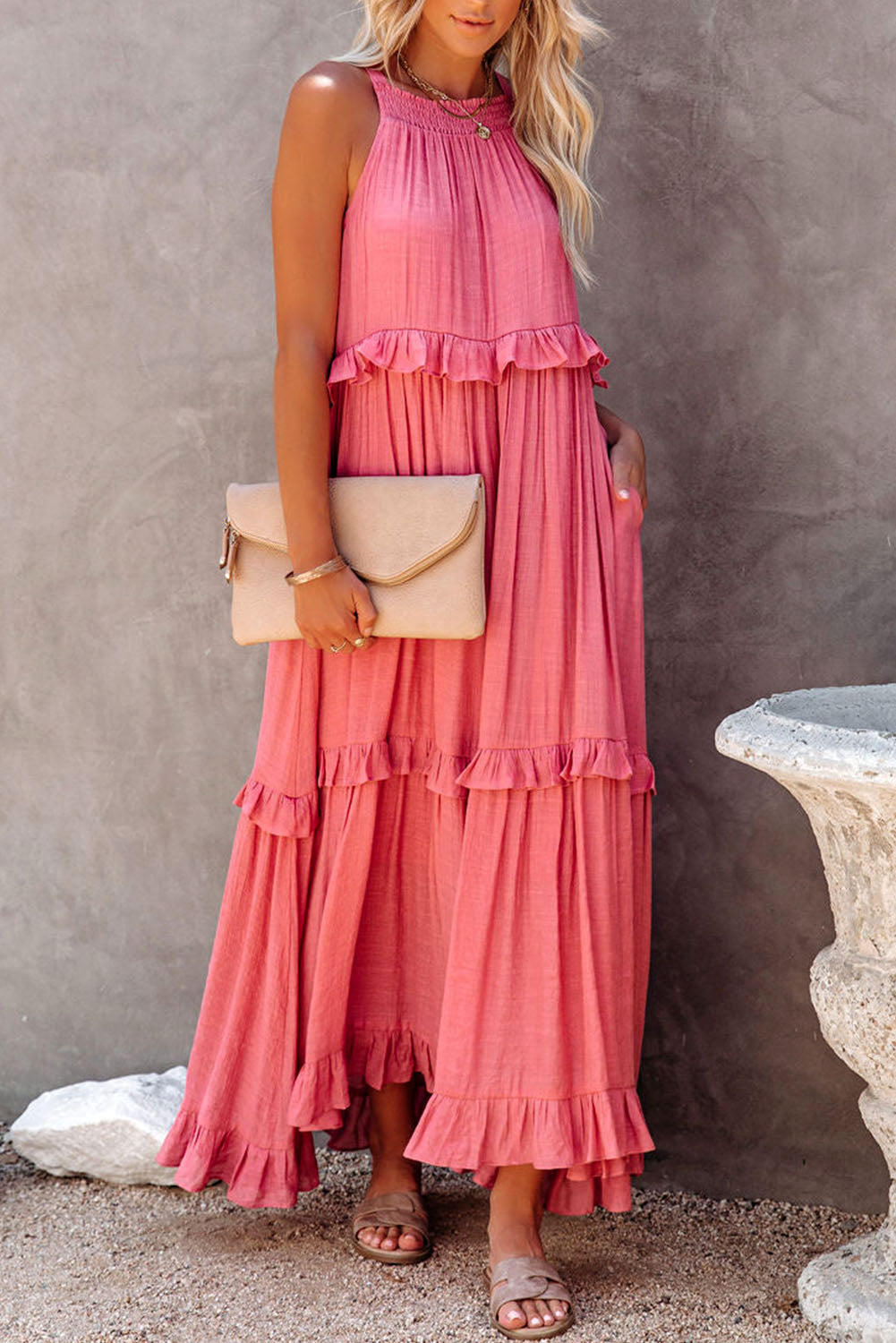Pink Smocked Neckline Ruffle Hem Flowy Maxi Dress loges Pink Smocked Neckline Ruffle Hem Flowy Maxi Dress loges