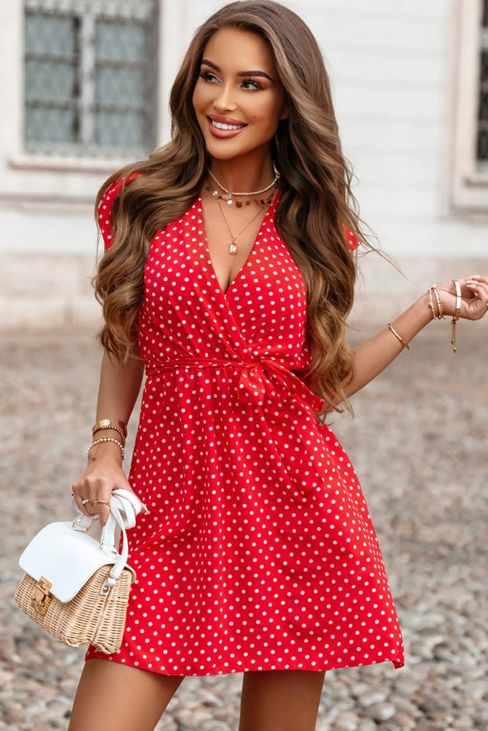 red polka dot dress Red Polka Dot V Neck Ruffle Shoulder Short Dress