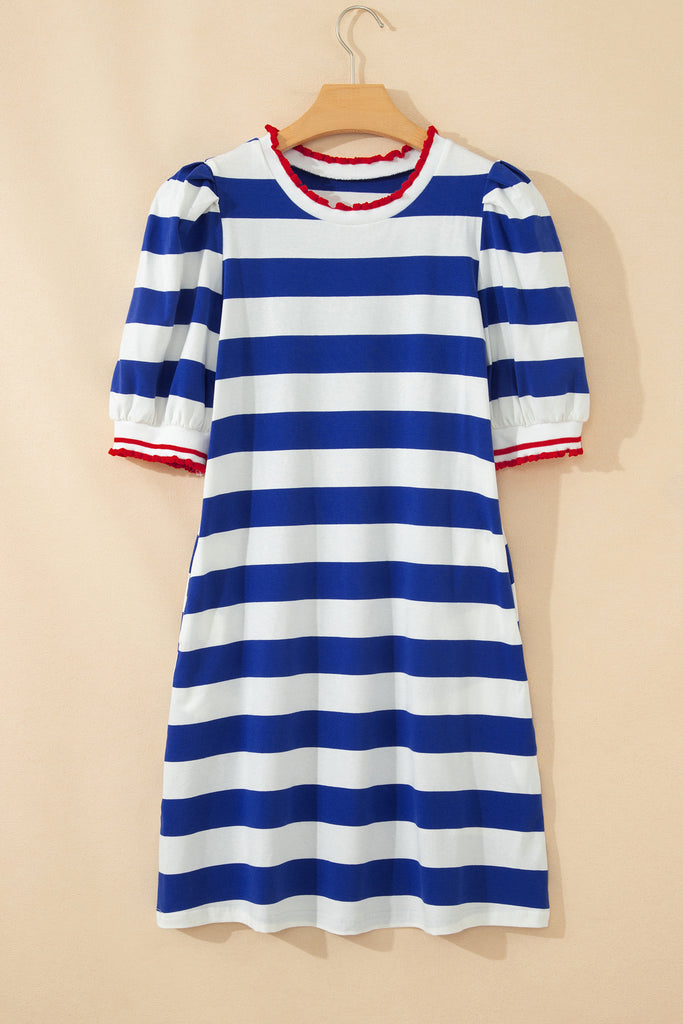 Blue Stripe Contrast Trim Round Neck Short Puff Sleeve Shift Mini Dres – éloges