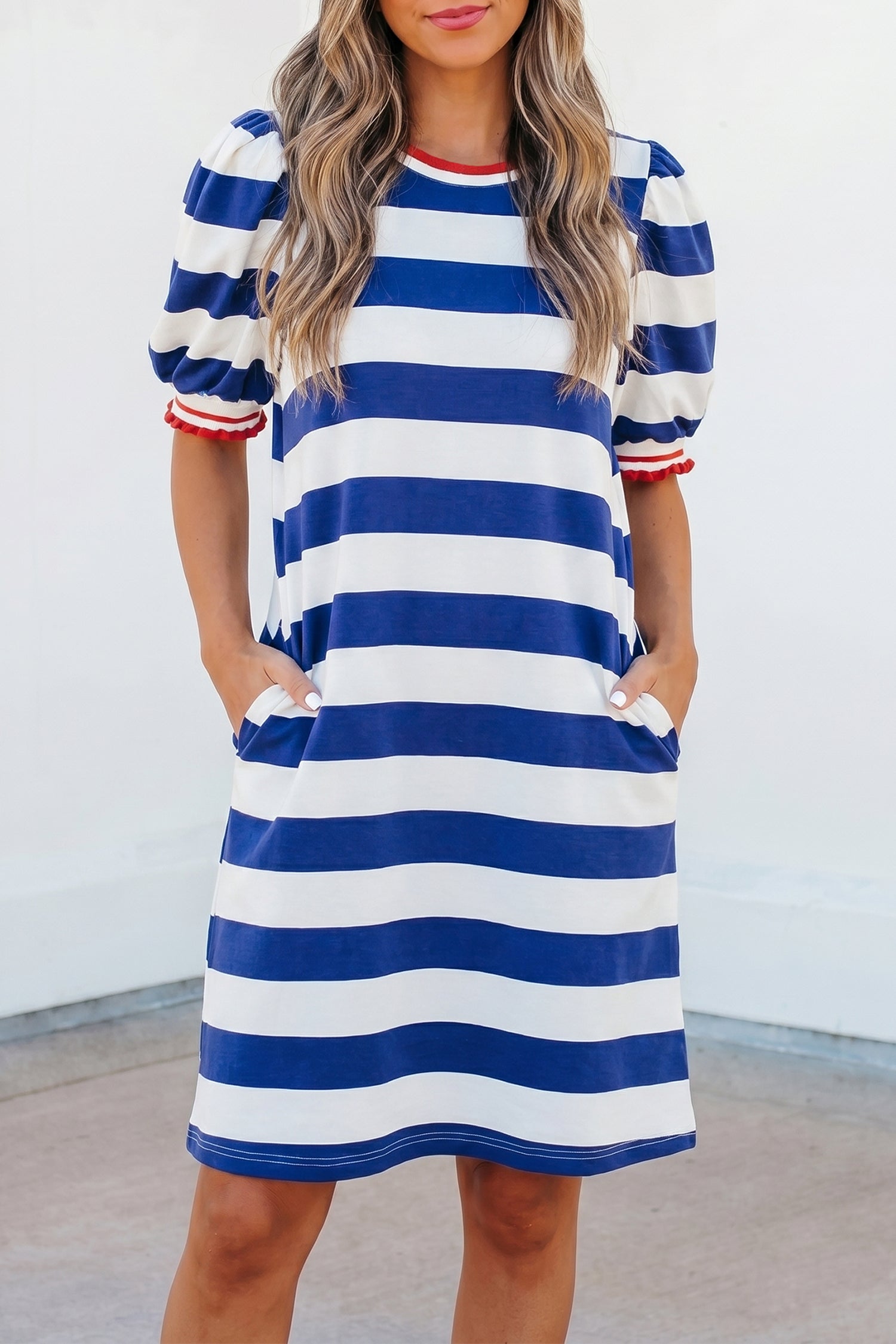 Blue Stripe Contrast Trim Round Neck Short Puff Sleeve Shift Mini Dres – éloges