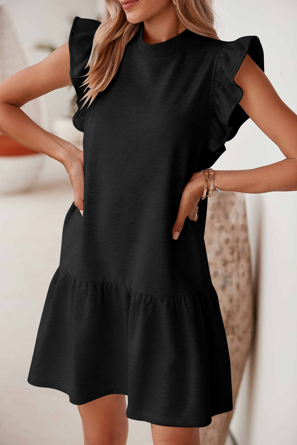 Black Solid Color Ruffle Hem Mini Sweatshirt Dress – éloges