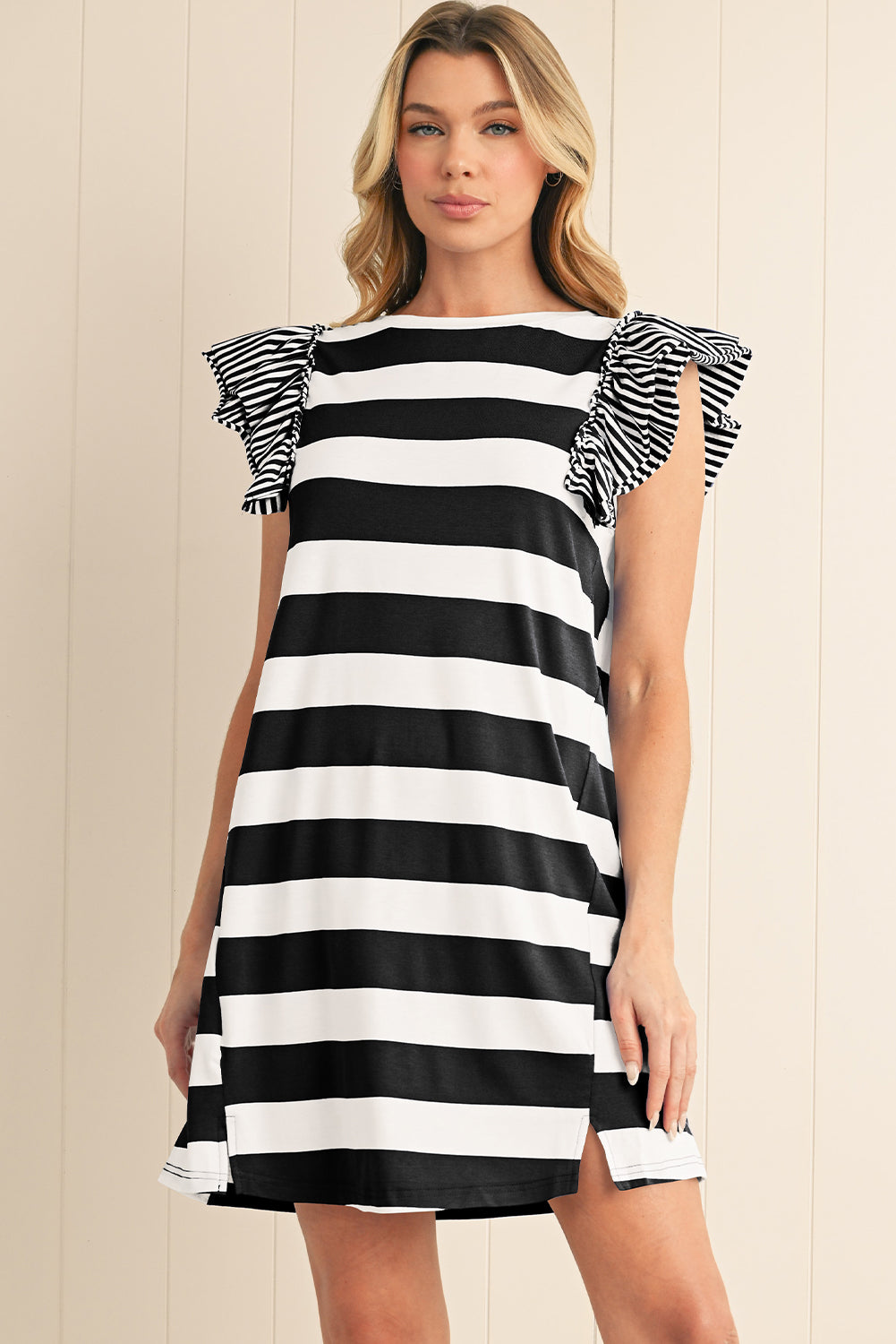 Sky Blue Stripe Ruffle Sleeve T Shirt Dress loges Sky Blue Stripe Ruffle Sleeve T Shirt Dress loges