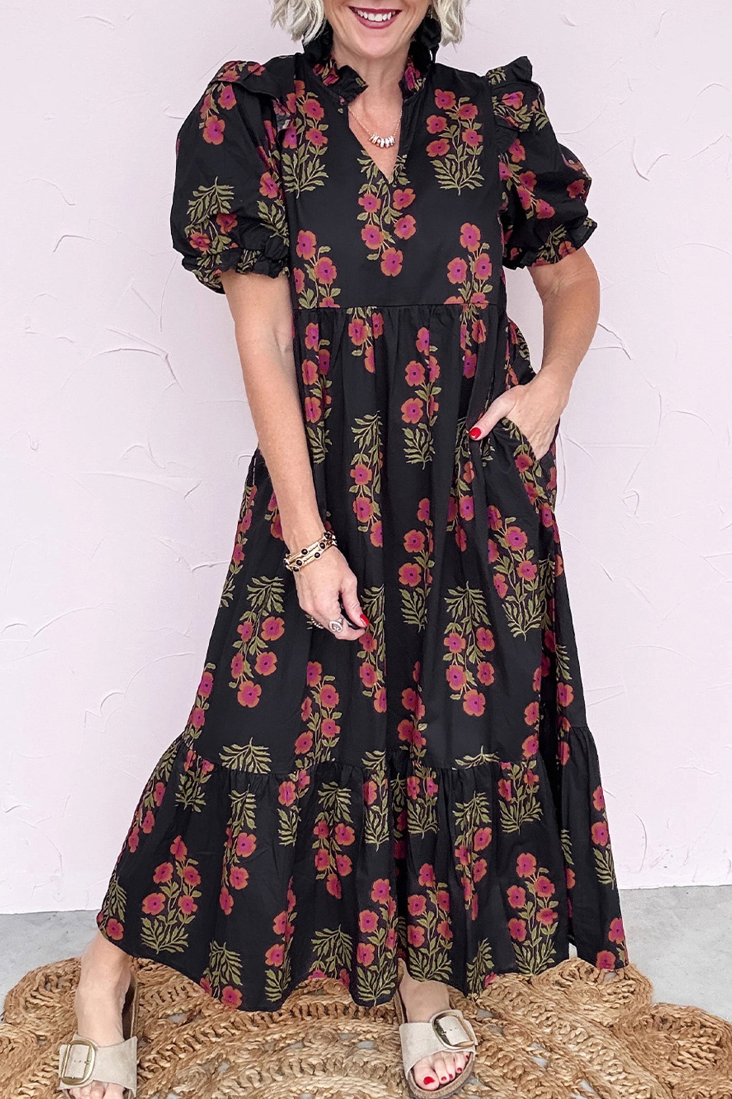 black floral dress with sleeves Long Sleeve Crystal Maxi The detachable sash can be tied at the front or back for your perfect fit and style Black Floral Jacquard Puff Sleeve
