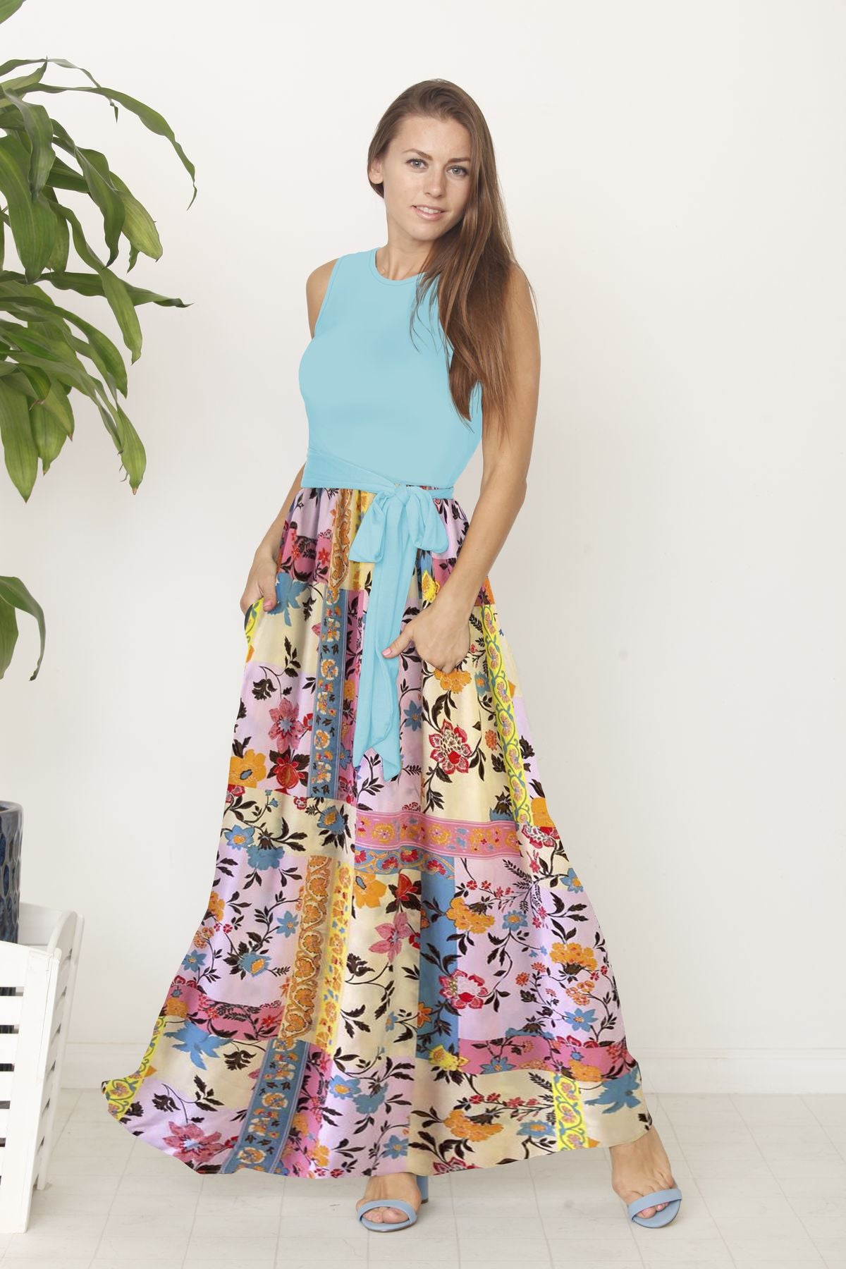 Sleeveless Contrast Patchwork Maxi Sash Dress | 3 Colors | S-3x Mint / X-Large Sleeveless Contrast Patchwork Maxi Sash Dress | 3 Colors | S-3x Mint / X-Large