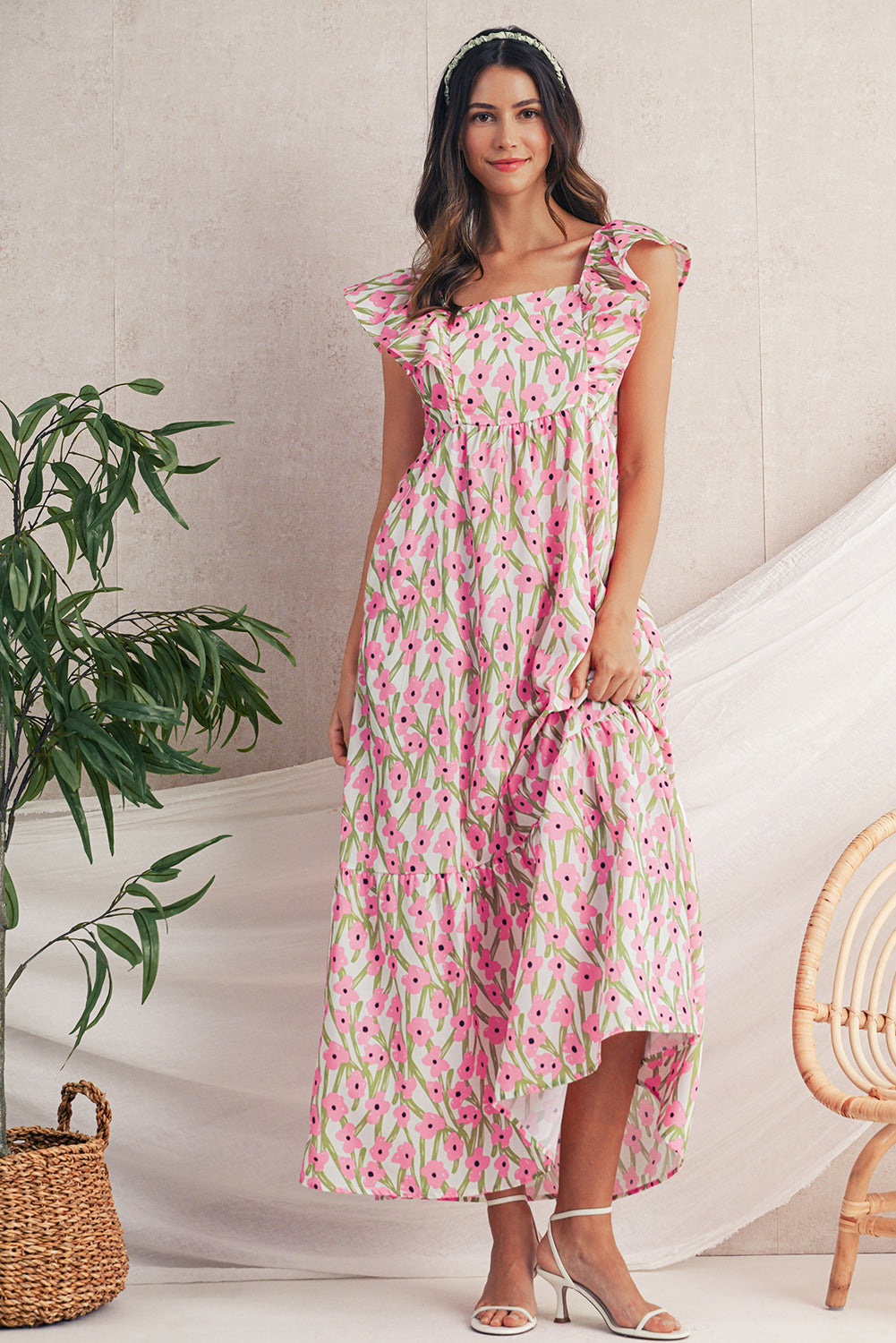 Pink Floral Print Square Neck Ruffled Strap Maxi Dress Pink / XL Pink Floral Print Square Neck Ruffled Strap Maxi Dress Pink / XL