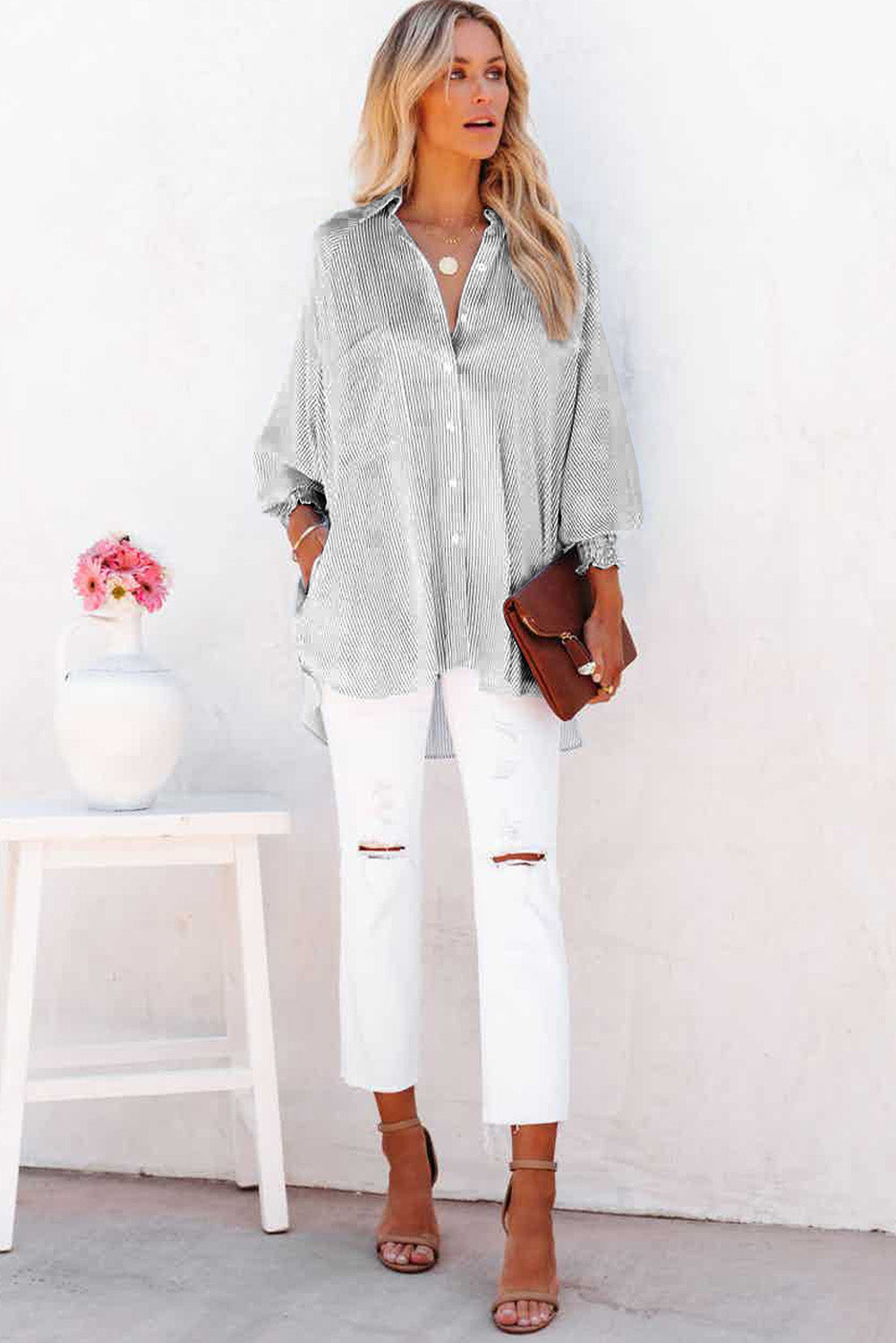 Light Blue Striped Casual Shirred Cuffs Shirt – éloges