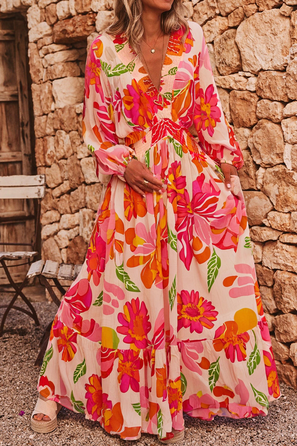 Beige Floral Print Shirred Detail Puff Sleeve Flowy Maxi Dress Beige Floral Print Shirred Detail Puff Sleeve Flowy Maxi Dress