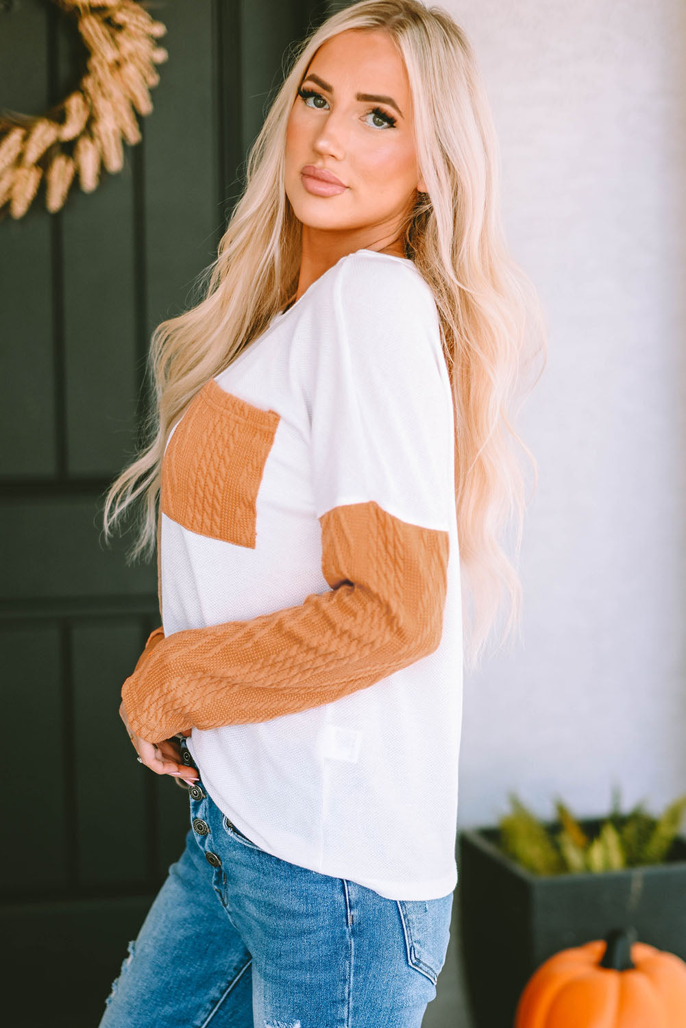 Long Sleeve Colorblock Chest Pocket Textured Knit Top – éloges