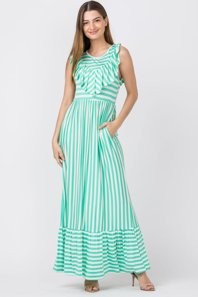 Mint Stripe Front & Back Ruffle Maxi Dress – éloges