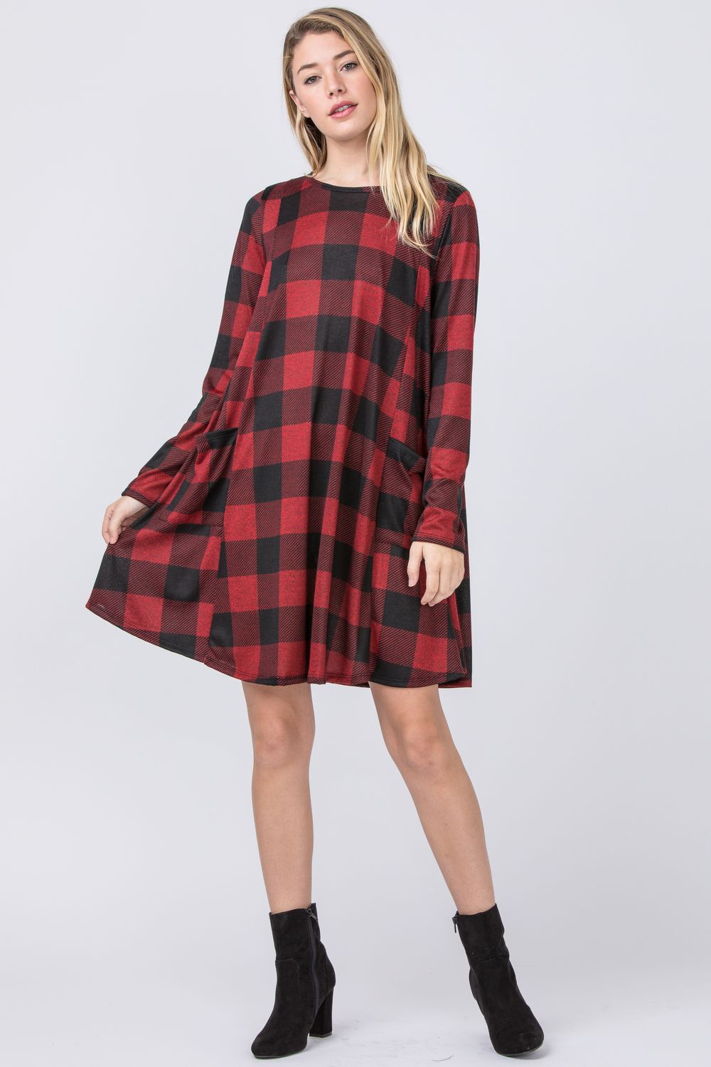 long sleeve buffalo plaid dress Red Buffalo Plaid Long Sleeve Midi Dress with Pockets, Black Check Wom Starcove Fashion