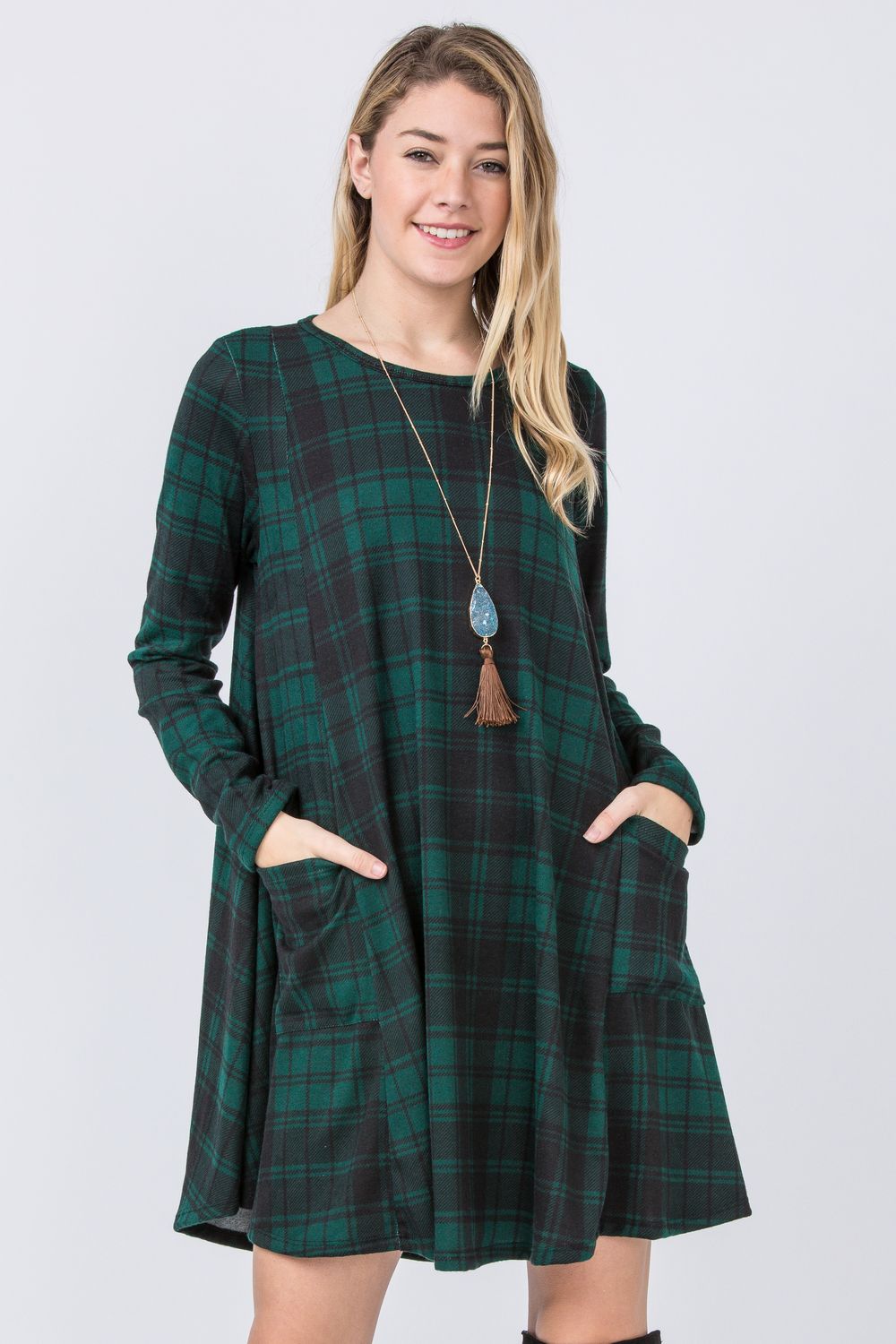 Hunter Green Plaid A-Line Mini Dress loges Hunter Green Plaid A-Line Mini Dress loges