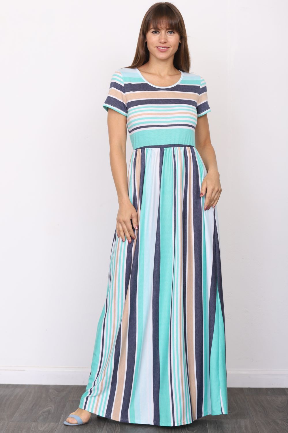 Aqua & Navy Stripe Short Sleeve Maxi Dress Large Aqua & Navy Stripe Short Sleeve Maxi Dress Large