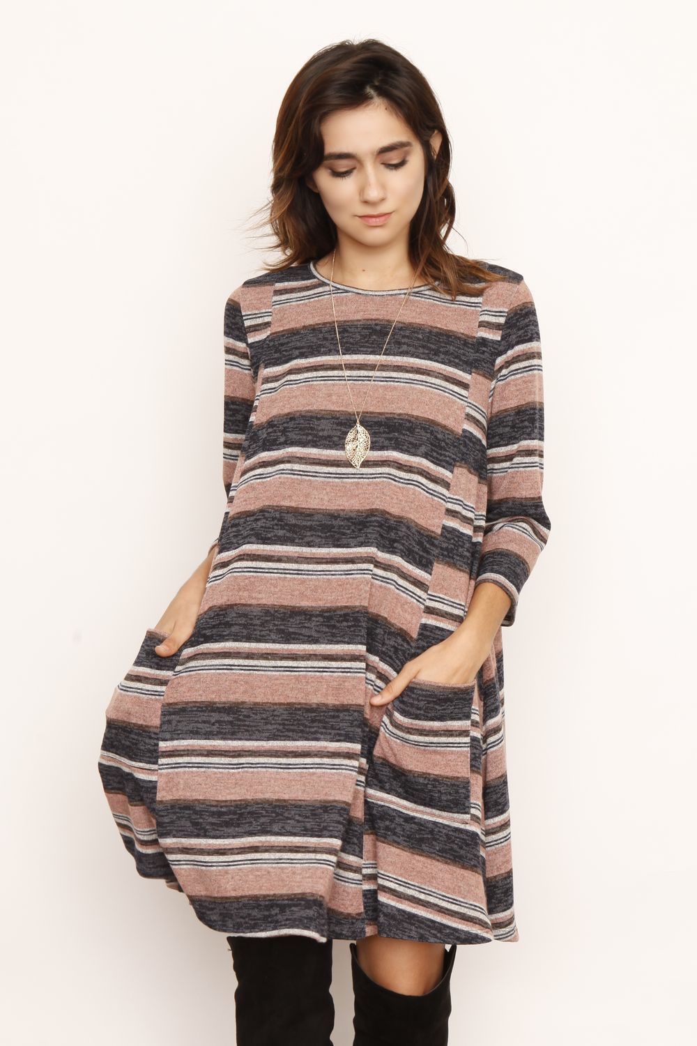 Pink & Charcoal Stripe A-Line Long Sleeve Mini Dress Medium Pink & Charcoal Stripe A-Line Long Sleeve Mini Dress Medium
