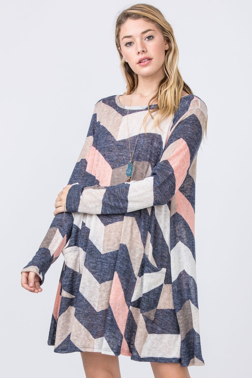 Navy & Pink Chevron A-Line Long Sleeve Mini Dress XLarge Navy & Pink Chevron A-Line Long Sleeve Mini Dress XLarge