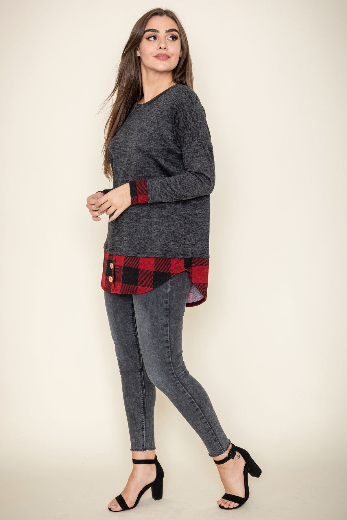 Charcoal Knit Red Buffalo Plaid Layered Button Accent Tunic_Plus – éloges