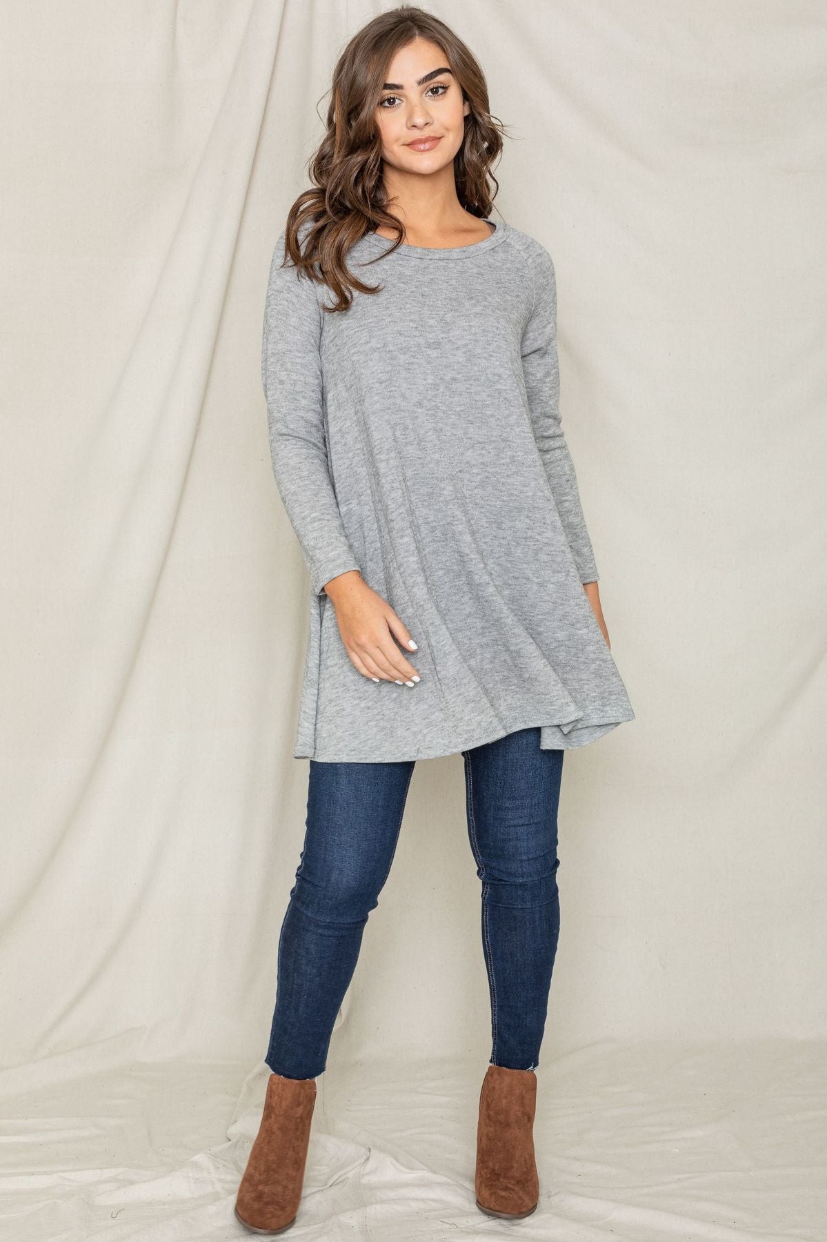 Grey Knit Raglan Long Sleeve Swing Tunic Dress – éloges