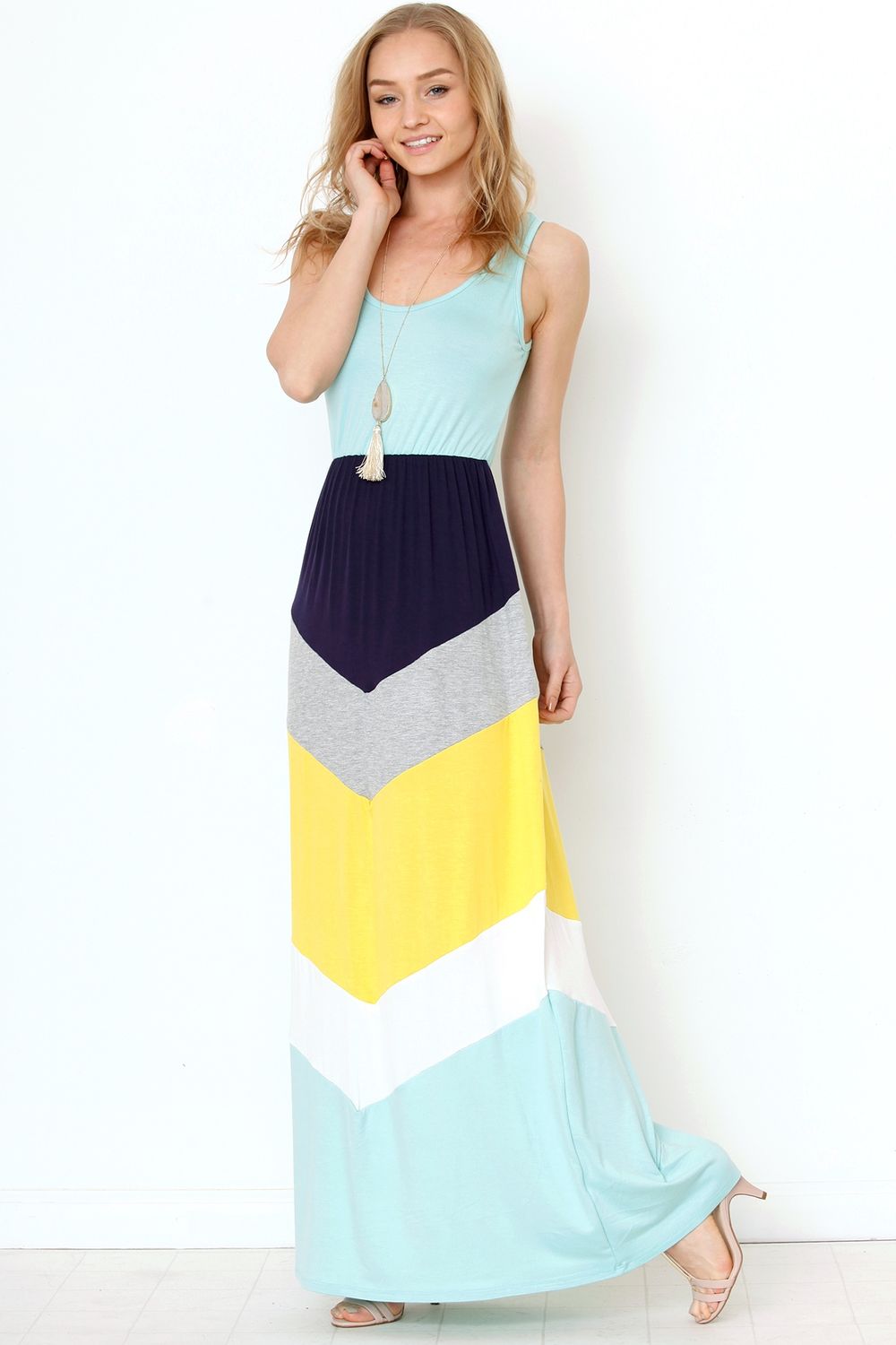 navy blue chevron maxi dress High Neck Navy Tank Chevron Skirt Maxi Dress