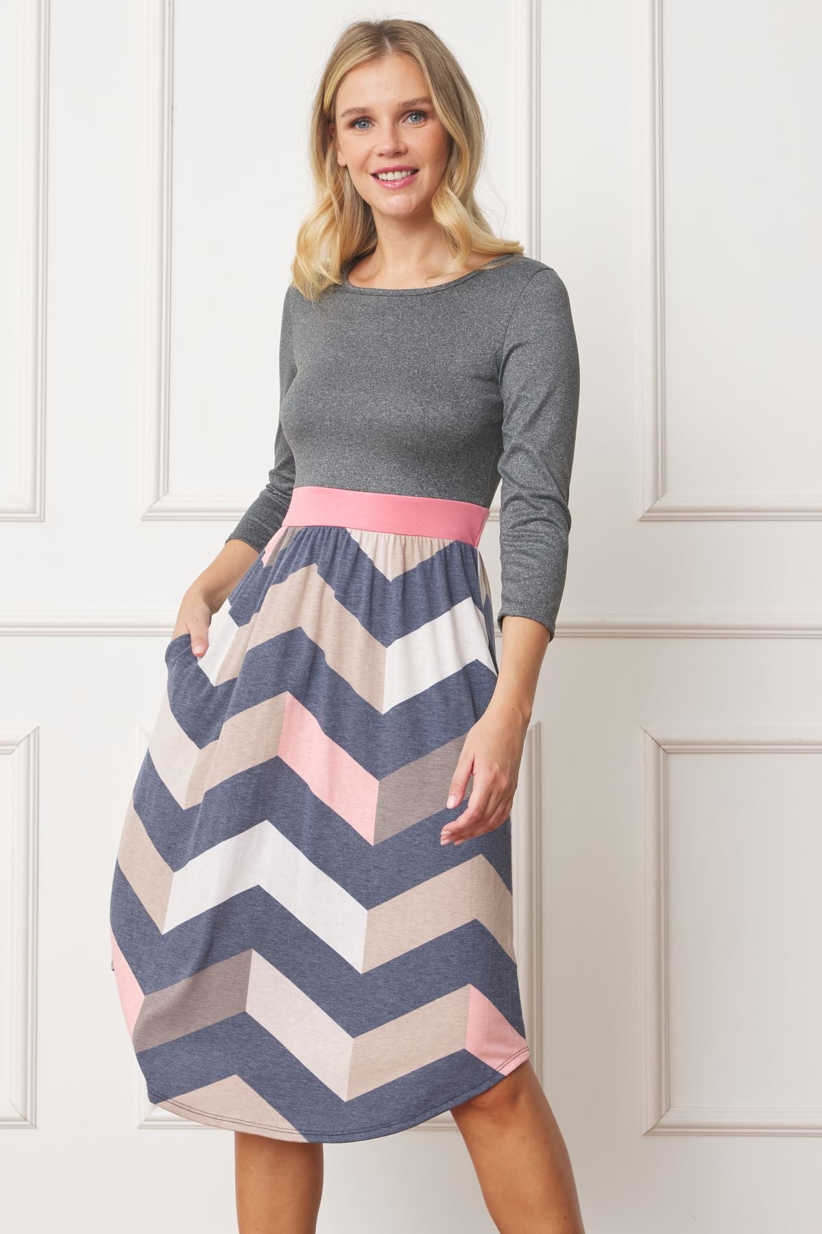 curved hem midi dress Charcoal 3/4 Sleeve Chevron Curved Hem Midi Dress with Pink Band XLarge