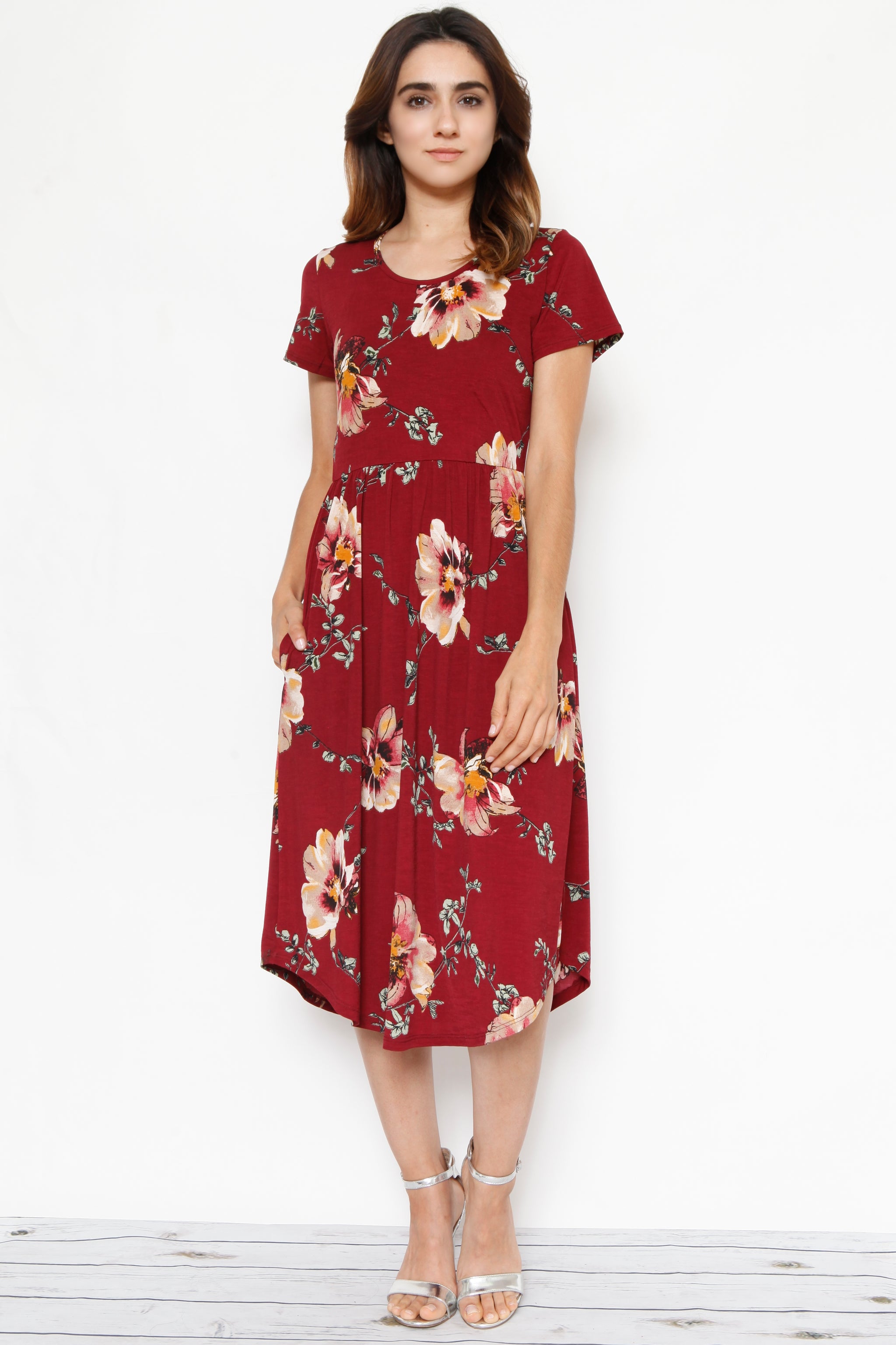Burgundy Floral Short Sleeve Midi Dress – éloges