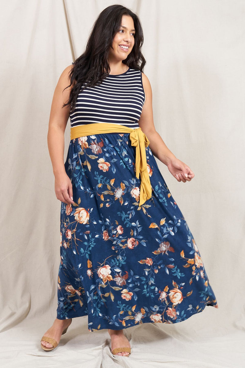Navy Stripe Sleeveless Floral Maxi Dress with Mustard Sash_Plus – éloges