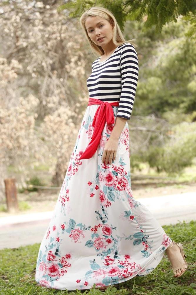 Coral Sash Ivory Floral Maxi Dress Small