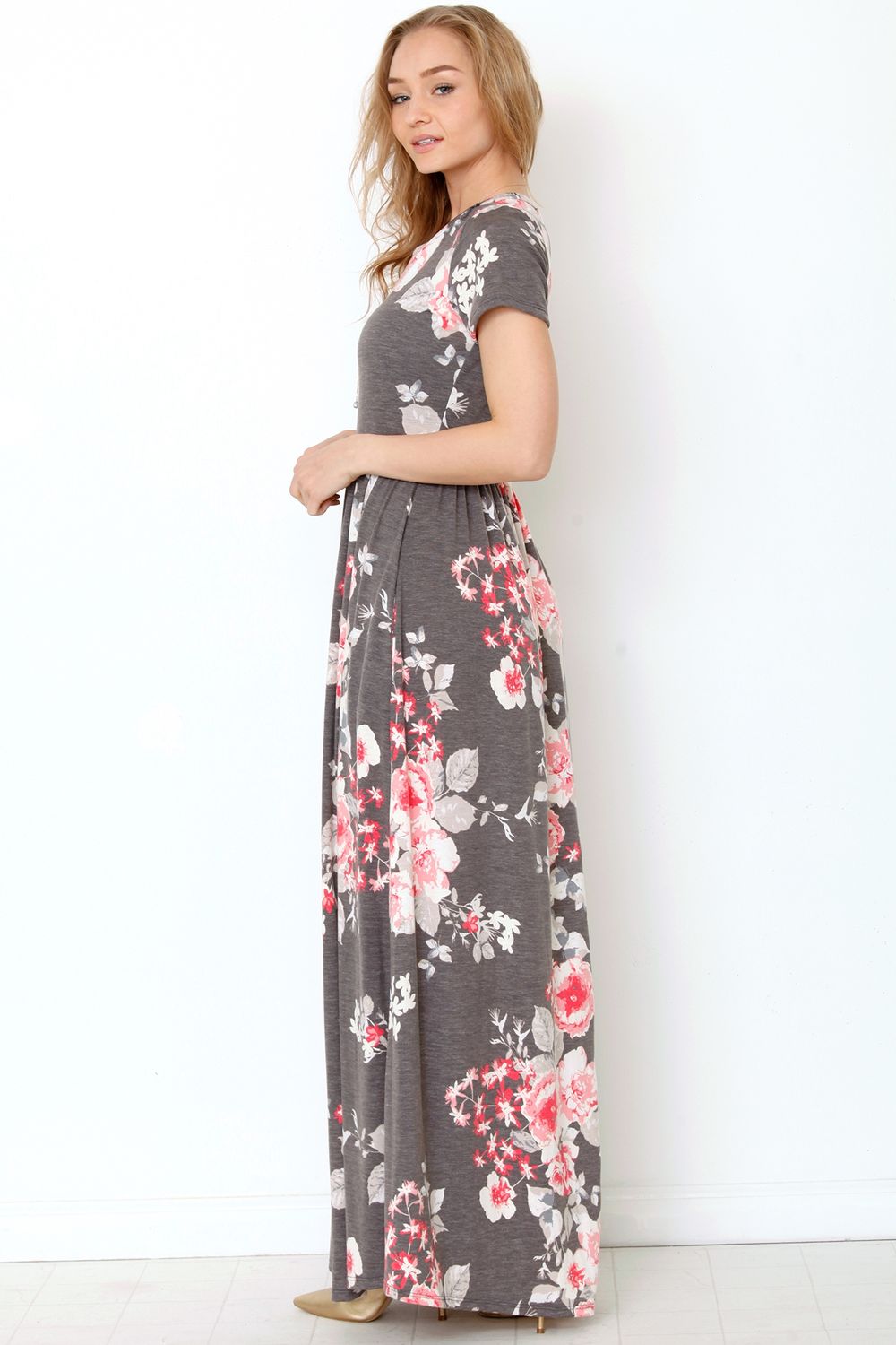 Vintage Charcoal & Pink Floral Short Sleeve Maxi Dress – éloges