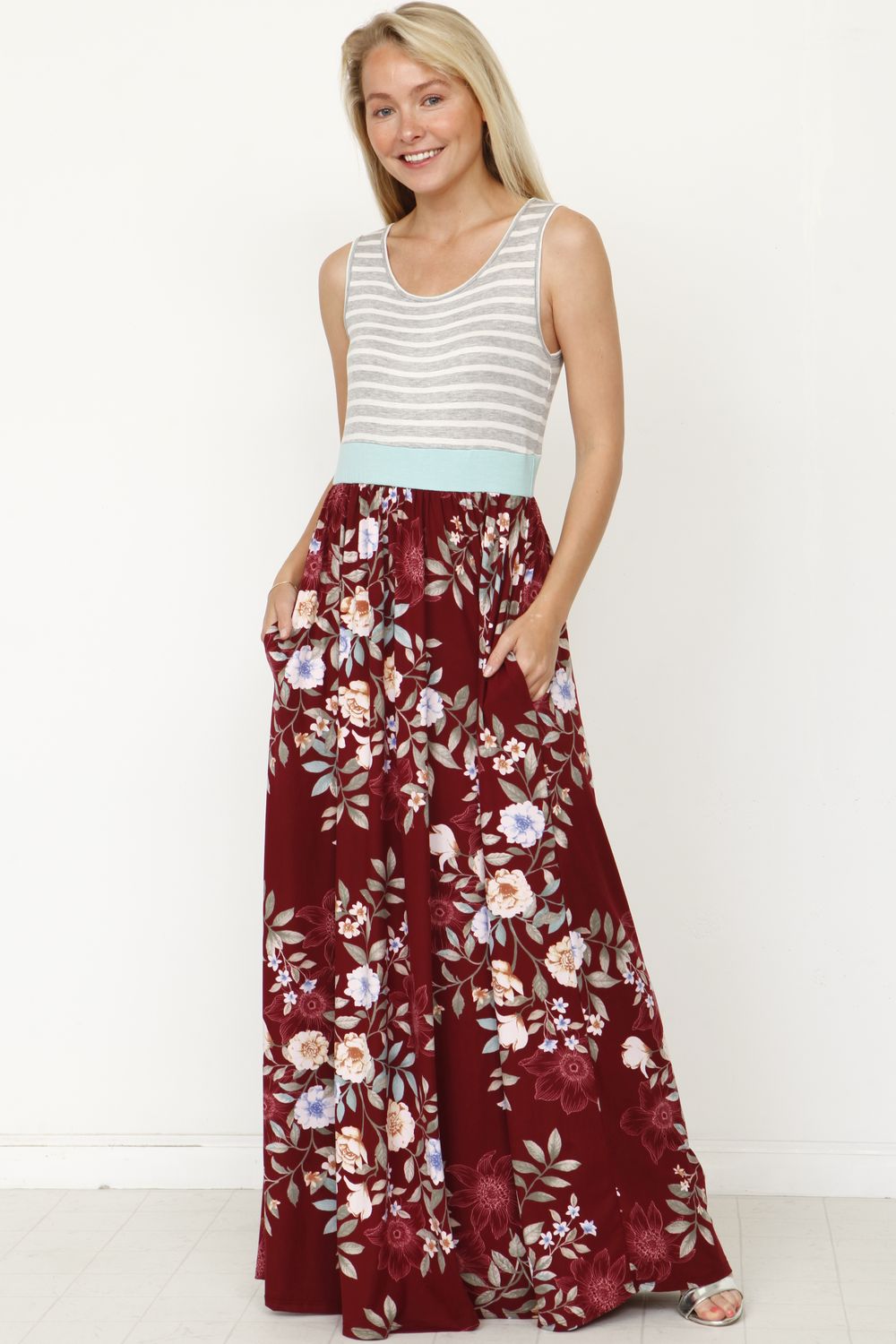 Stripe Band Burgundy Floral Maxi Dress Small Stripe Band Burgundy Floral Maxi Dress Small