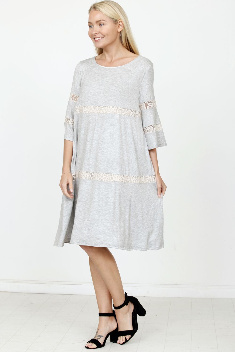 Grey & Cream Lace Tiered Ruffle Sleeve Swing Dress Small