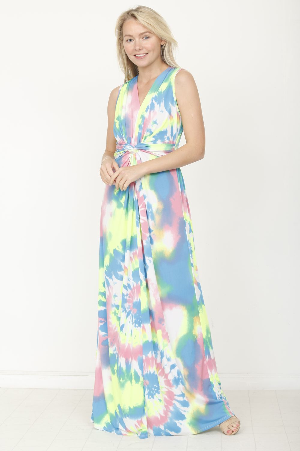 pink and blue tie dye maxi dress HAPTICS Pink & Blue Tie Dye Fit And Flare Sleeveless Maxi Dress Medium