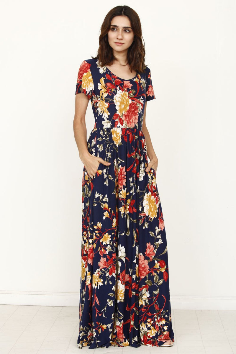 Navy & Red Floral Short Sleeve Maxi Dress_Plus – éloges