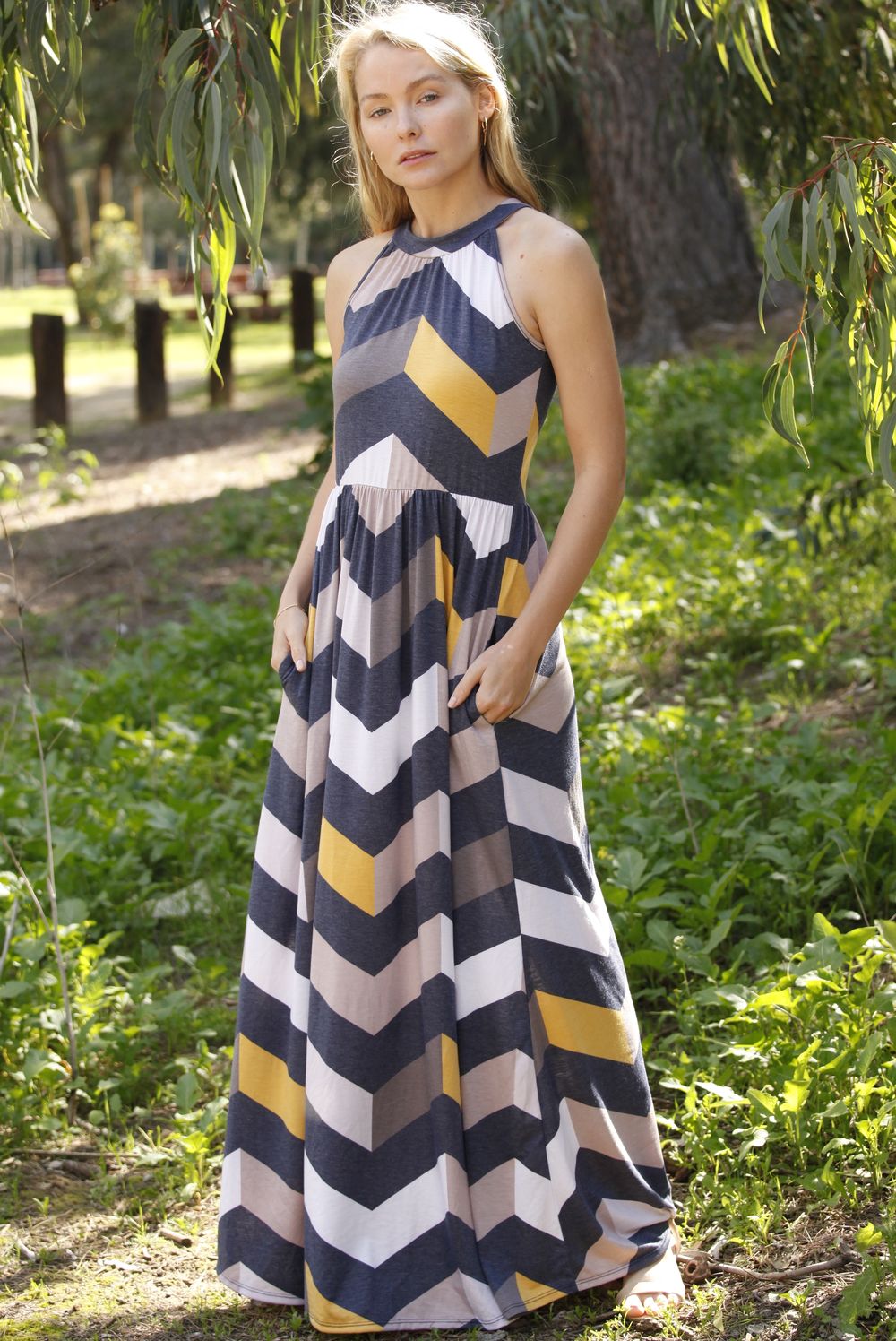 Navy & Mustard Chevron Halter Maxi Dress Small Navy & Mustard Chevron Halter Maxi Dress Small