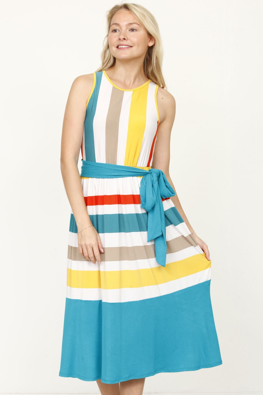 Cyan Multi Stripe Sash Midi Dress_Plus – éloges