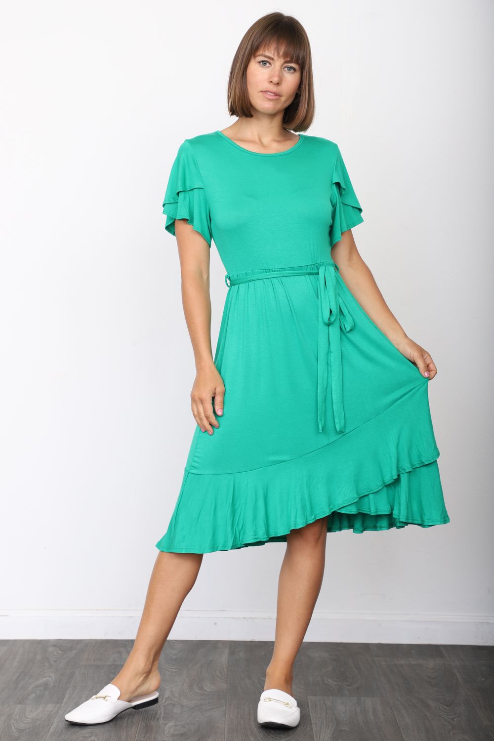 Solid Kelly Green Short Sleeve Tulip Hem Midi Dress with Sash_Plus 2XL Solid Kelly Green Short Sleeve Tulip Hem Midi Dress with Sash_Plus 2XL