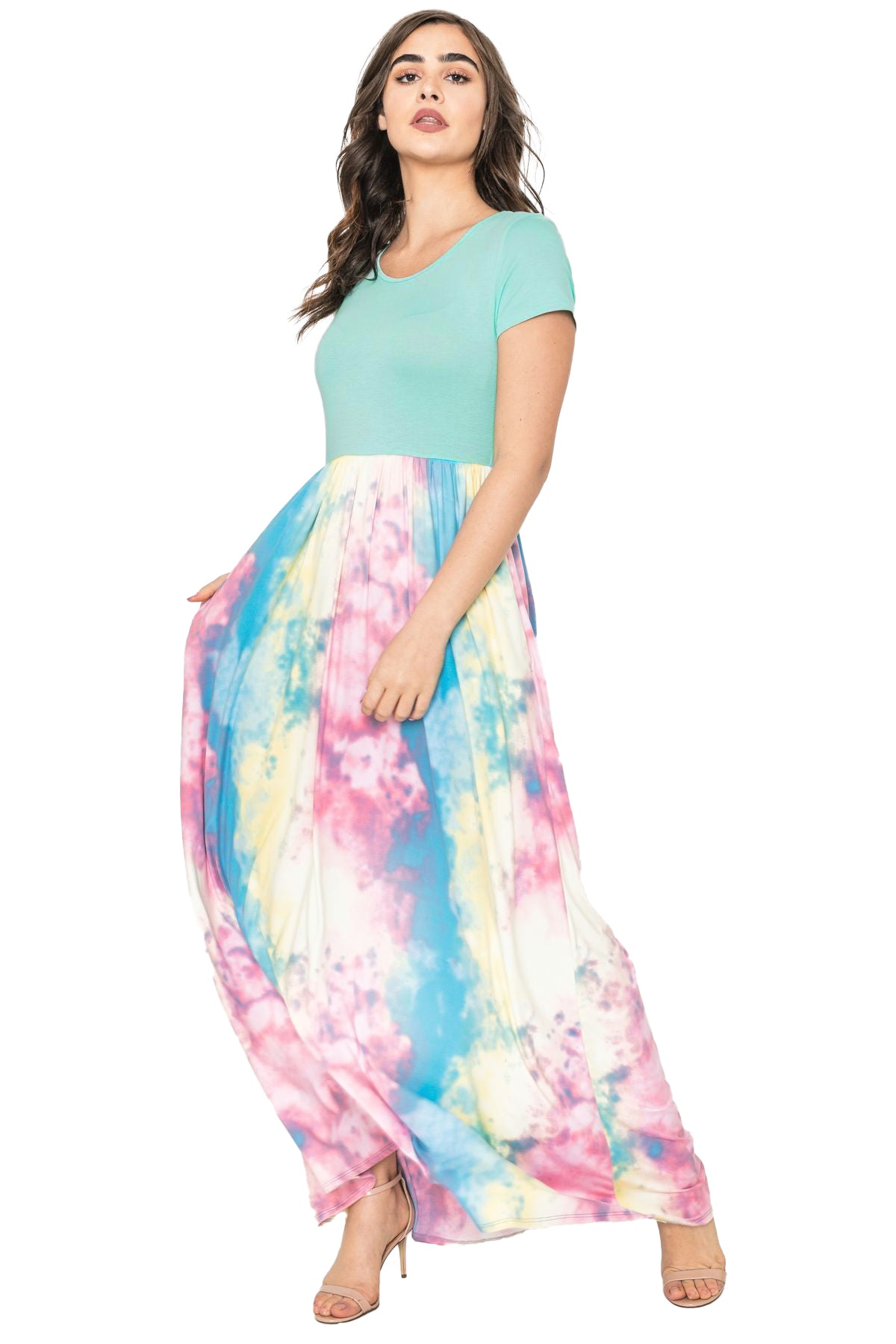 tie dye maxi dress short sleeve Boho Tie Dye Maxi Dress: Short Sleeve V-neck Cotton Festival Dress - LD61B