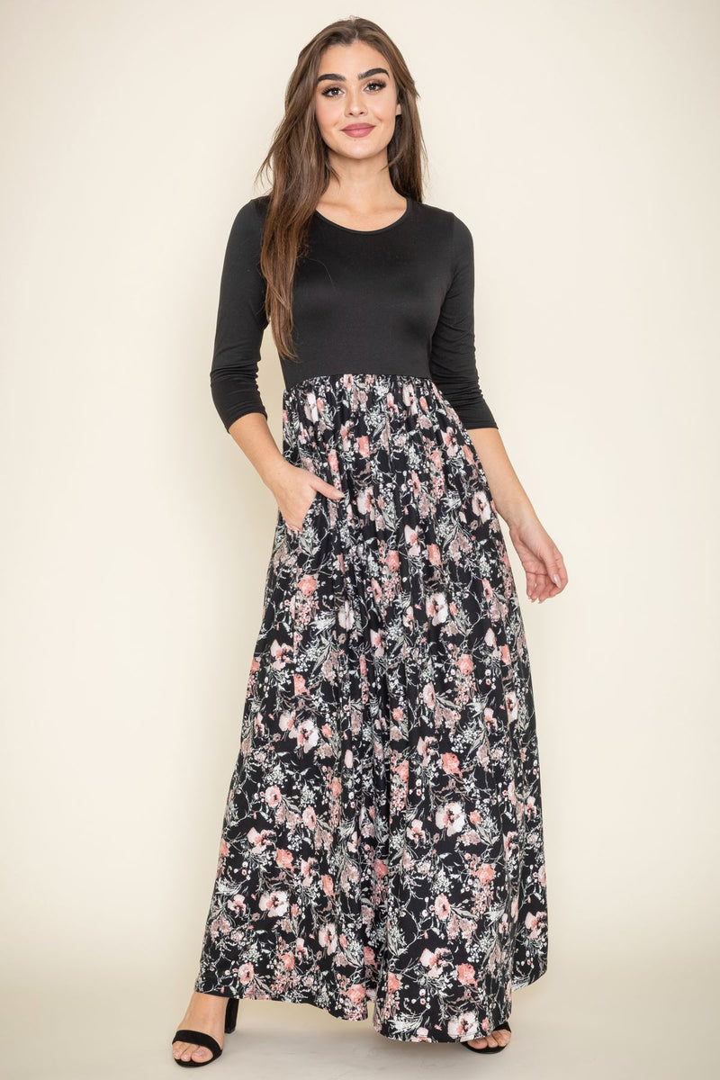 Black 3/4 Sleeve Contrast Floral Maxi Dress – éloges