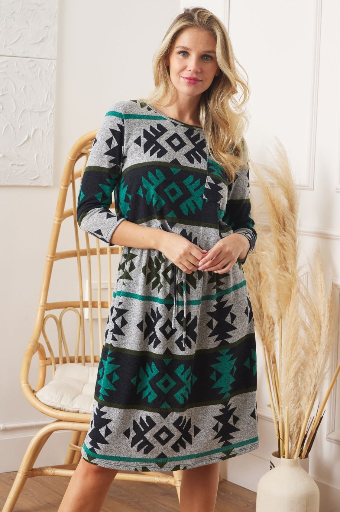 Aztec Print 3/4 Sleeve Blouson Midi Dress | 2 Colors | S-3X Pink / 3X Aztec Print 3/4 Sleeve Blouson Midi Dress | 2 Colors | S-3X Pink / 3X