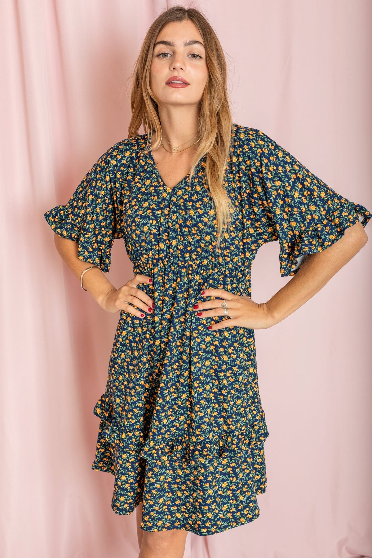 Navy Orange Ditsy Floral Ruffle Trim V-Neck Midi Dress_Plus 1x