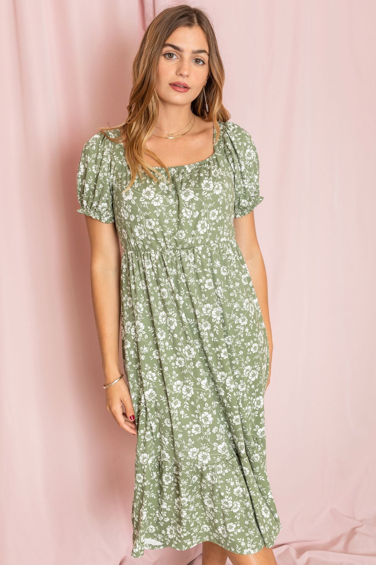 Sage Ditsy Floral Square Neck Ruffle Hem Midi Dress loges Sage Ditsy Floral Square Neck Ruffle Hem Midi Dress loges