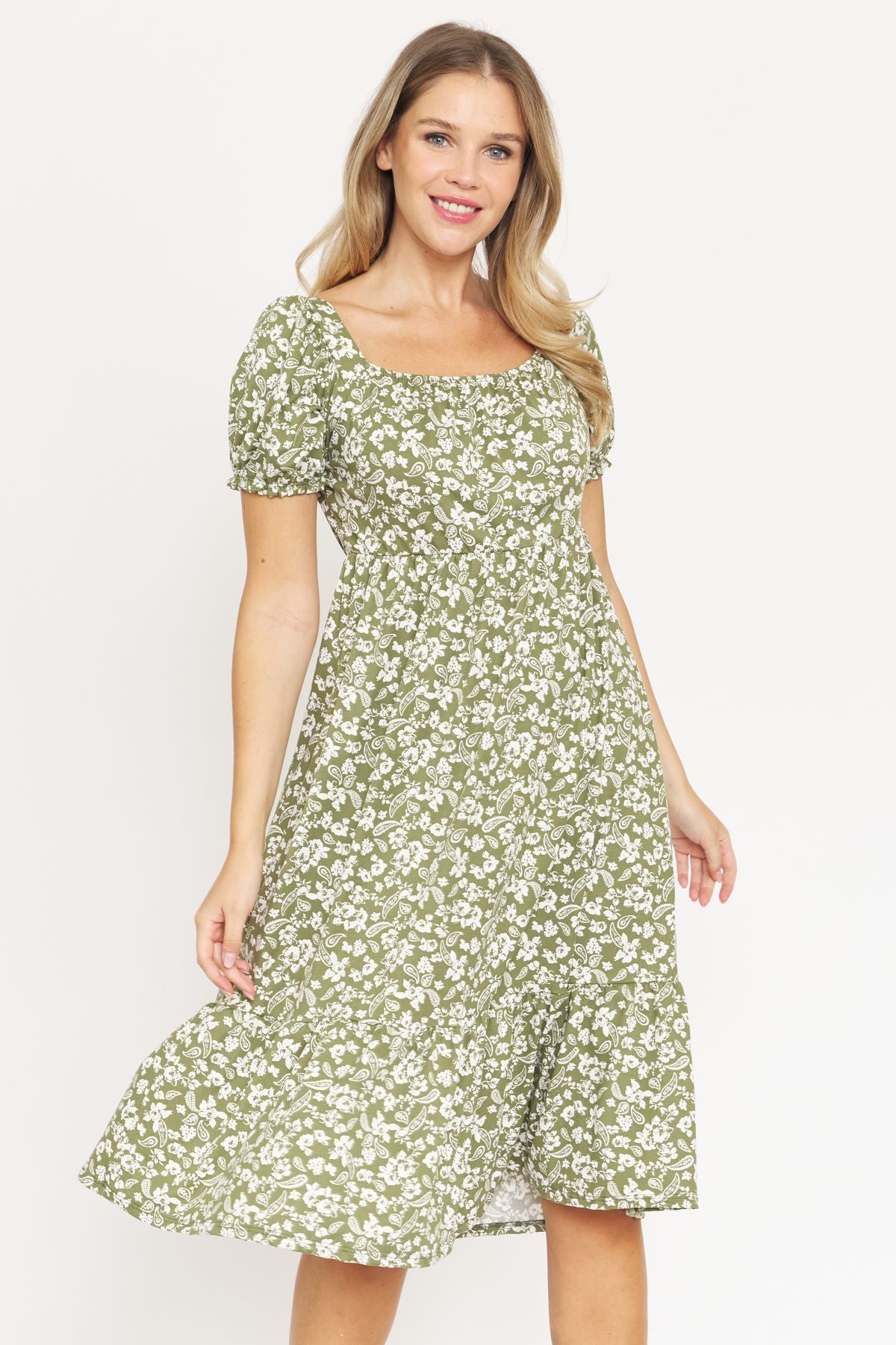 Paisley Ditsy Floral Square Neck Ruffle Hem Midi Dress | S-3X Sage / 2X Paisley Ditsy Floral Square Neck Ruffle Hem Midi Dress | S-3X Sage / 2X