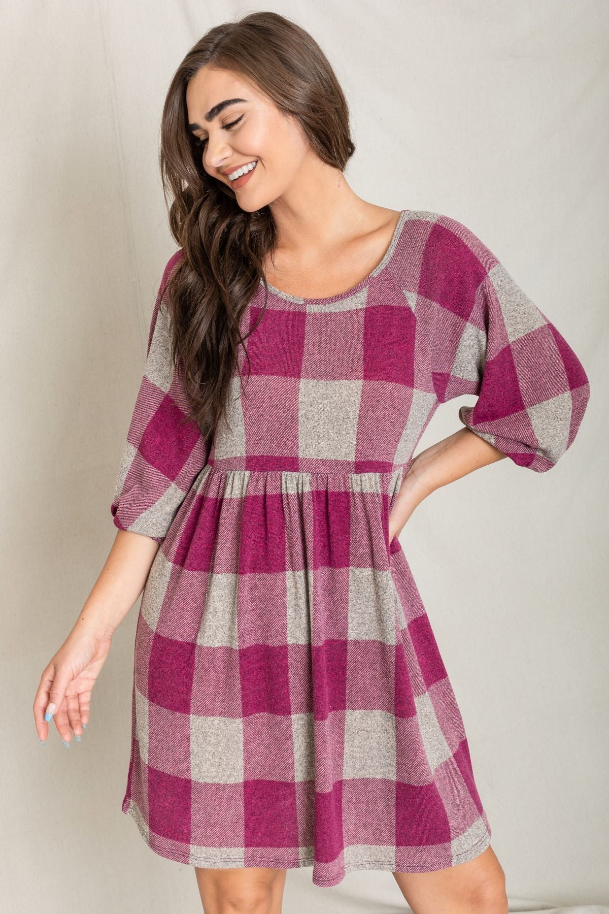 Scarlet pink Buffalo Plaid 3/4 Sleeve Empire Waist Dress Medium Scarlet pink Buffalo Plaid 3/4 Sleeve Empire Waist Dress Medium