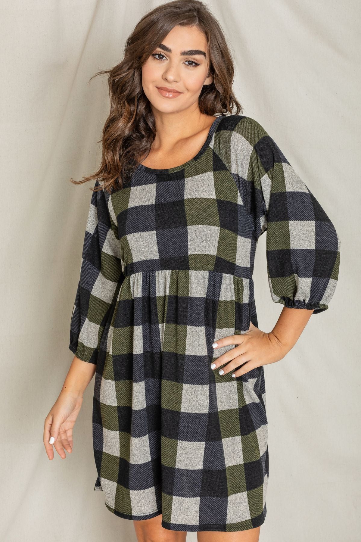 Olive Black Buffalo Plaid 3/4 Sleeve Empire Waist Dress Medium Olive Black Buffalo Plaid 3/4 Sleeve Empire Waist Dress Medium